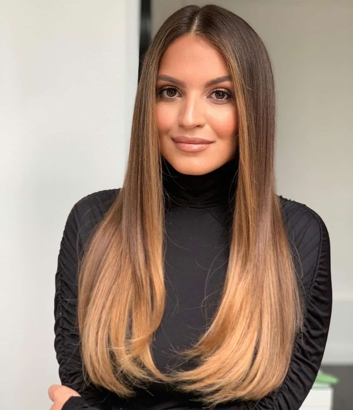 Mid-Back Layers Dark Brown Blonde Balayage With Curtain Bangs — Straight Hair Haircuts