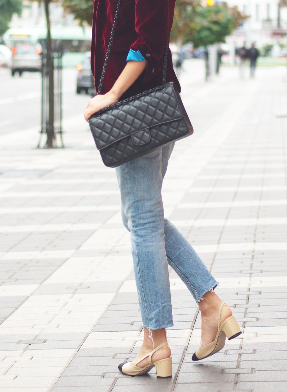 Light Blue Straight Leg Jeans With Velvet Blazer, Close-Up Take — Straight Leg Jeans Outfits