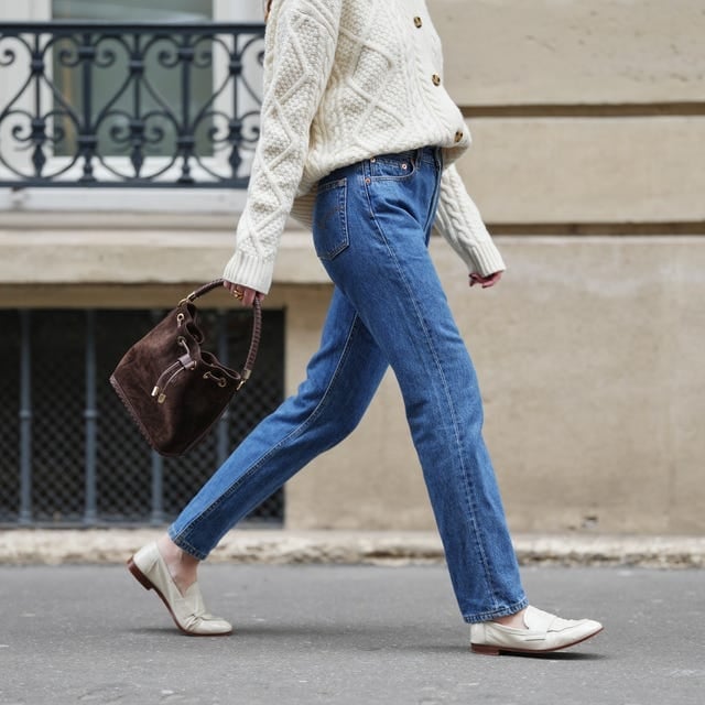 Blue Straight Leg Jeans With Cable-Knit Cardigan, Close-Up Take — Straight Leg Jeans Outfits