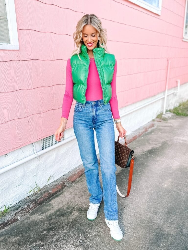 Light Blue Straight Leg Jeans With Puffer Vest — Straight Leg Jeans Outfits