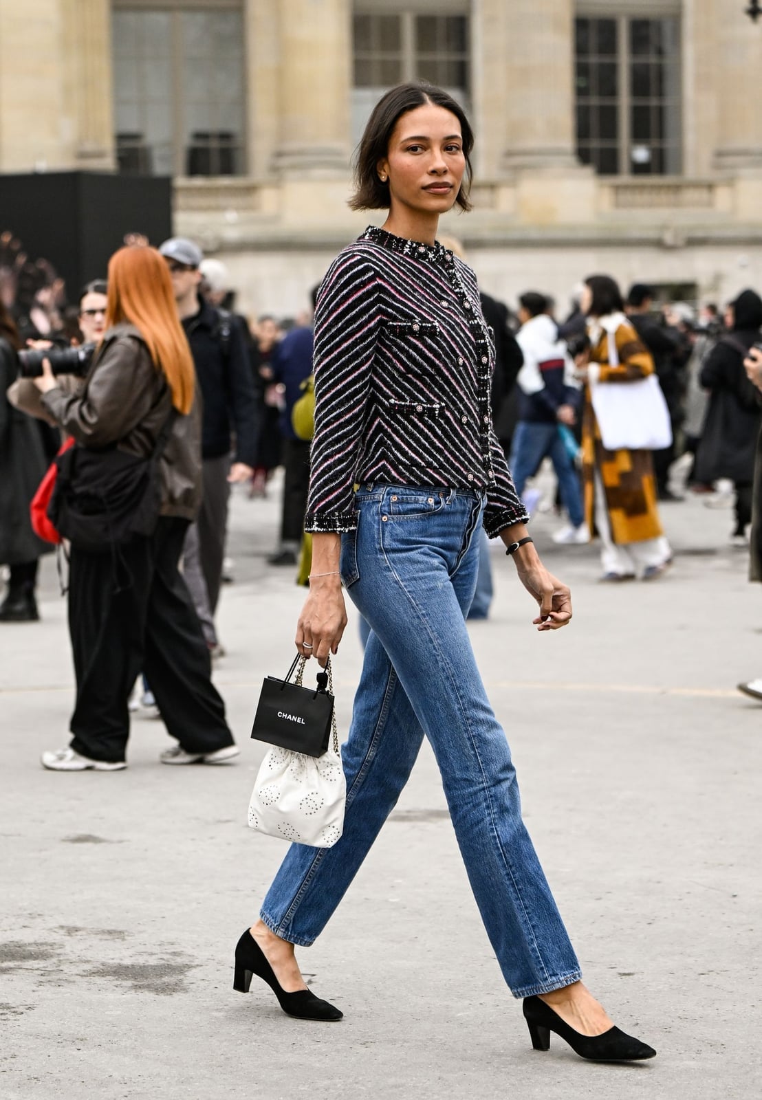 Medium Wash Straight Leg Jeans With Textured Jacket — Straight Leg Jeans Outfits