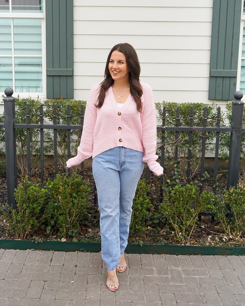 Light Blue Straight Leg Jeans With Textured Cardigan — Straight Leg Jeans Outfits