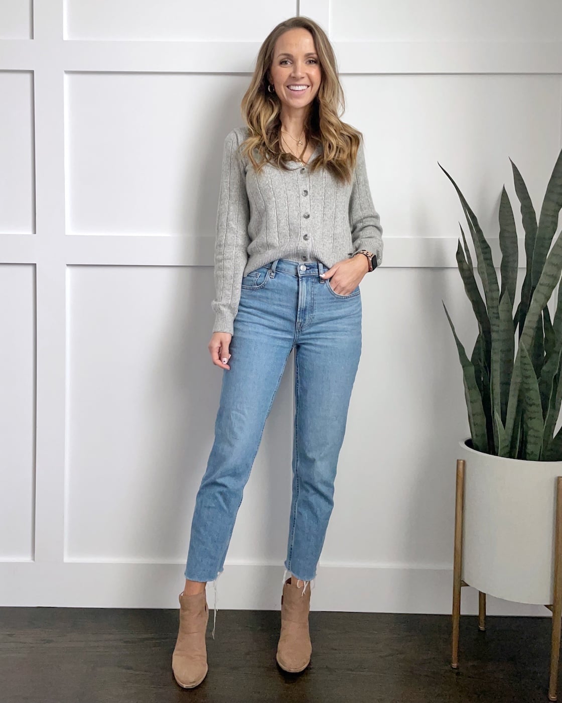 Light Blue Straight Leg Jeans With Ribbed Cardigan, Denim — Straight Leg Jeans Outfits