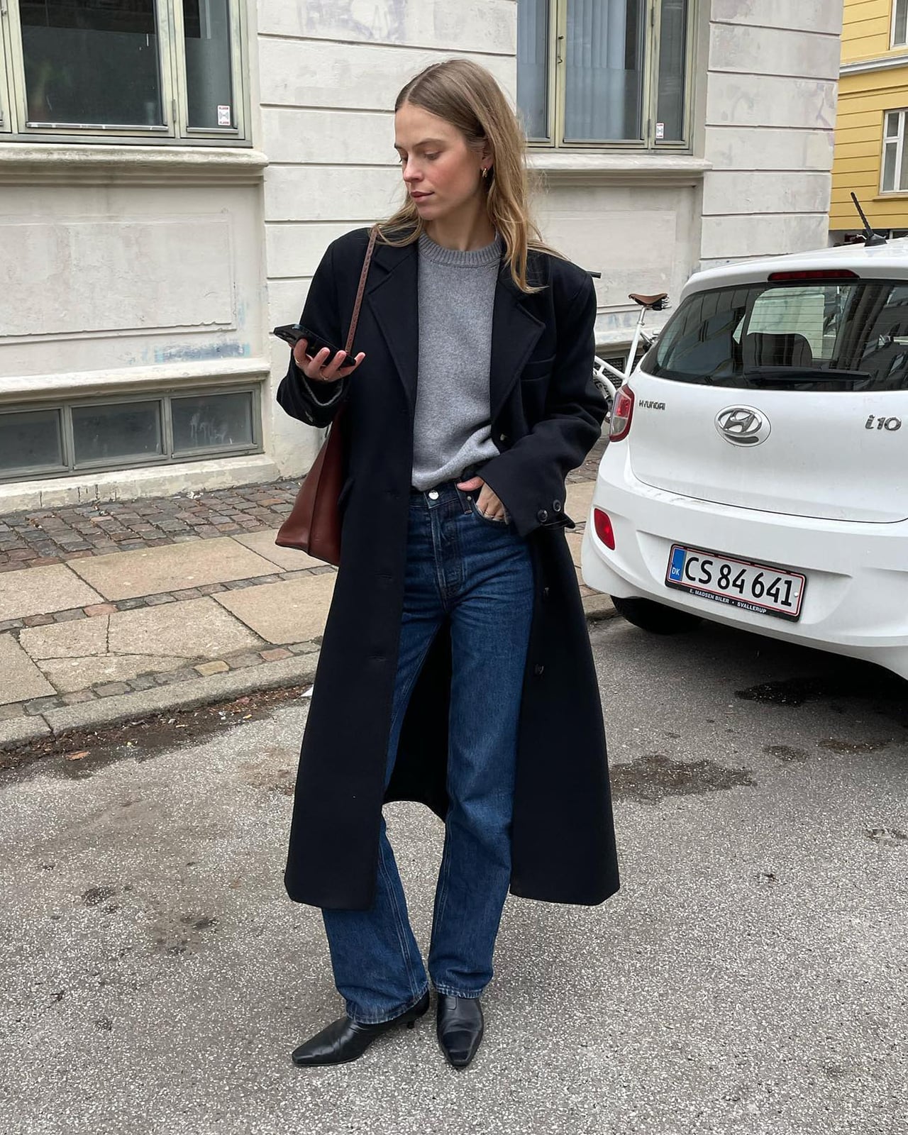 Dark Wash Straight Leg Jeans With Oversized Coat — Straight Leg Jeans Outfits