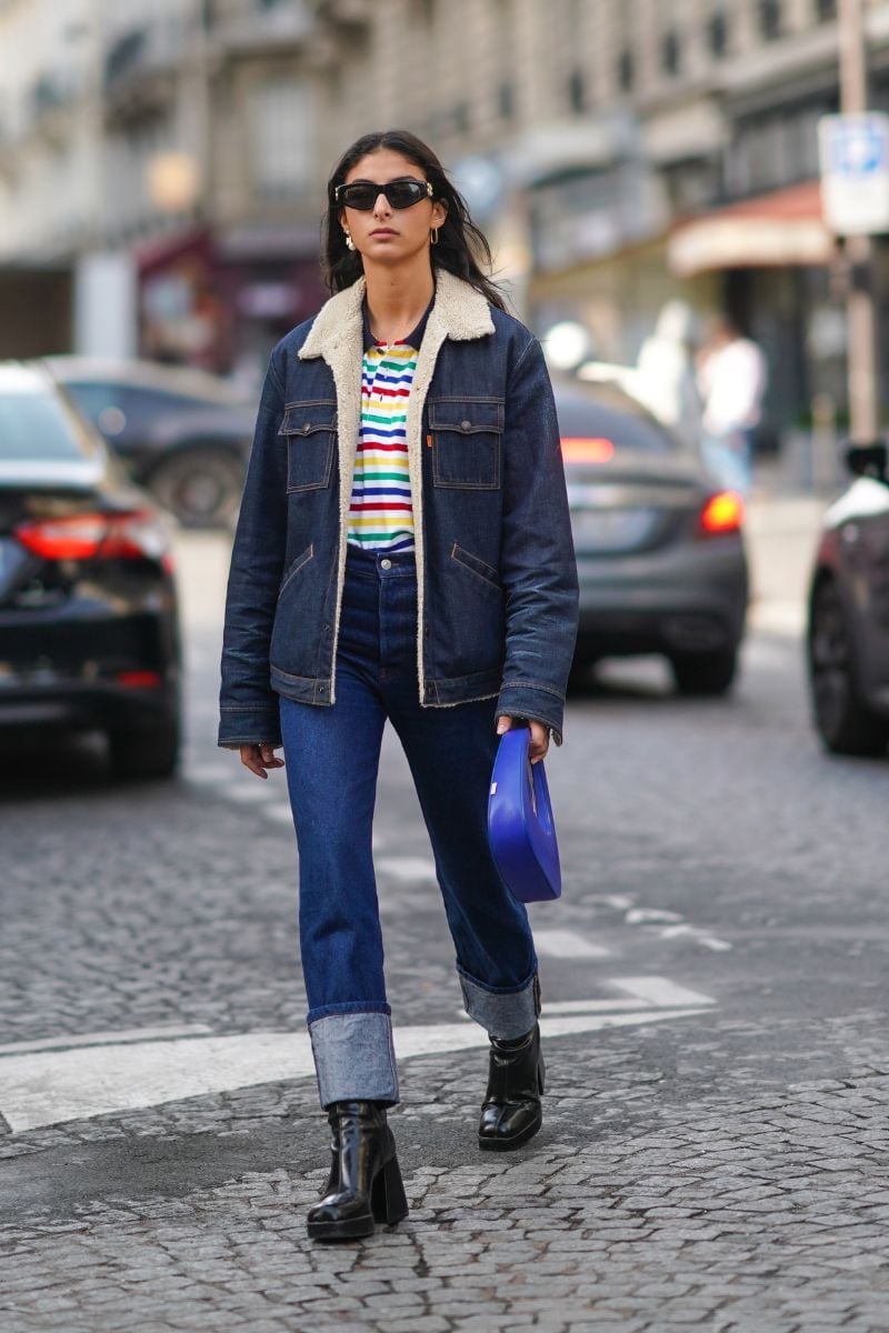 Medium Blue Straight Leg Jeans With Striped Polo — Straight Leg Jeans Outfits