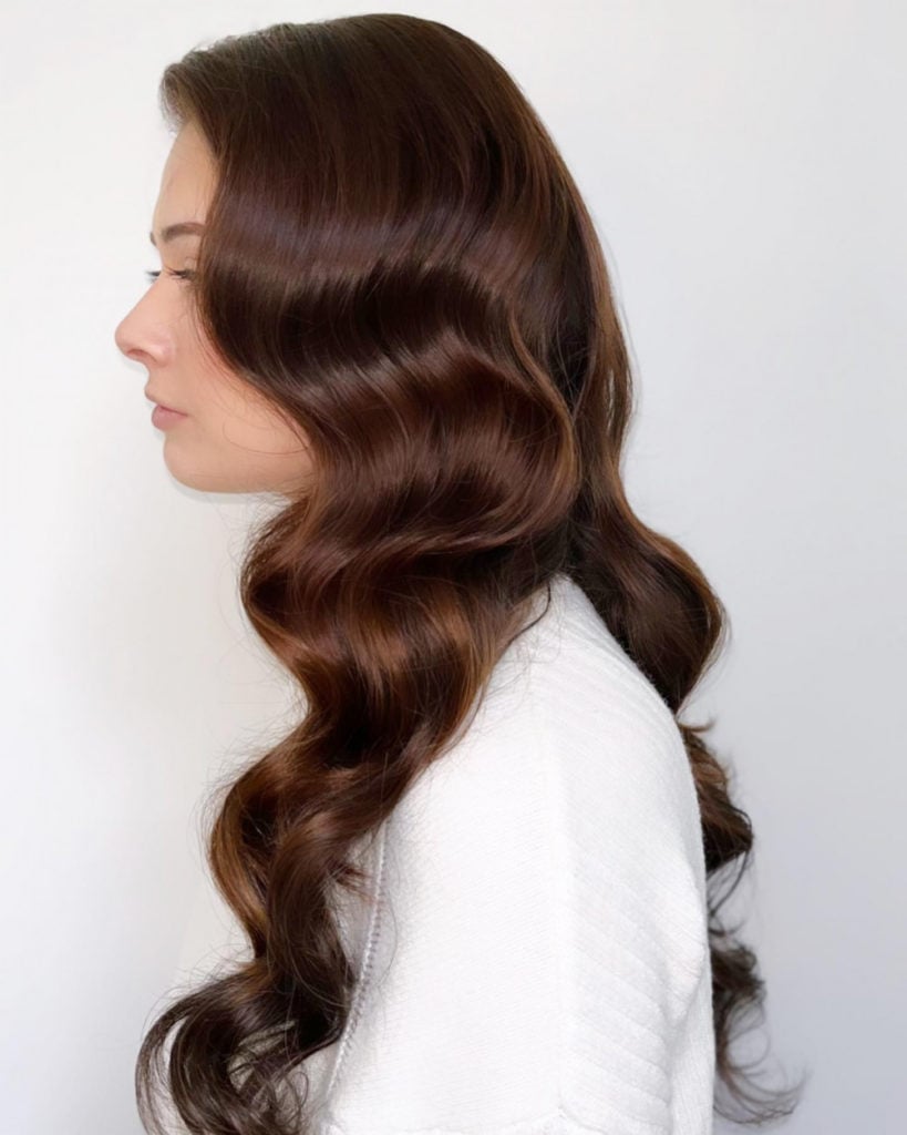 Defined Dark Brown Waves Side View — Strapless Dresses Hairstyles