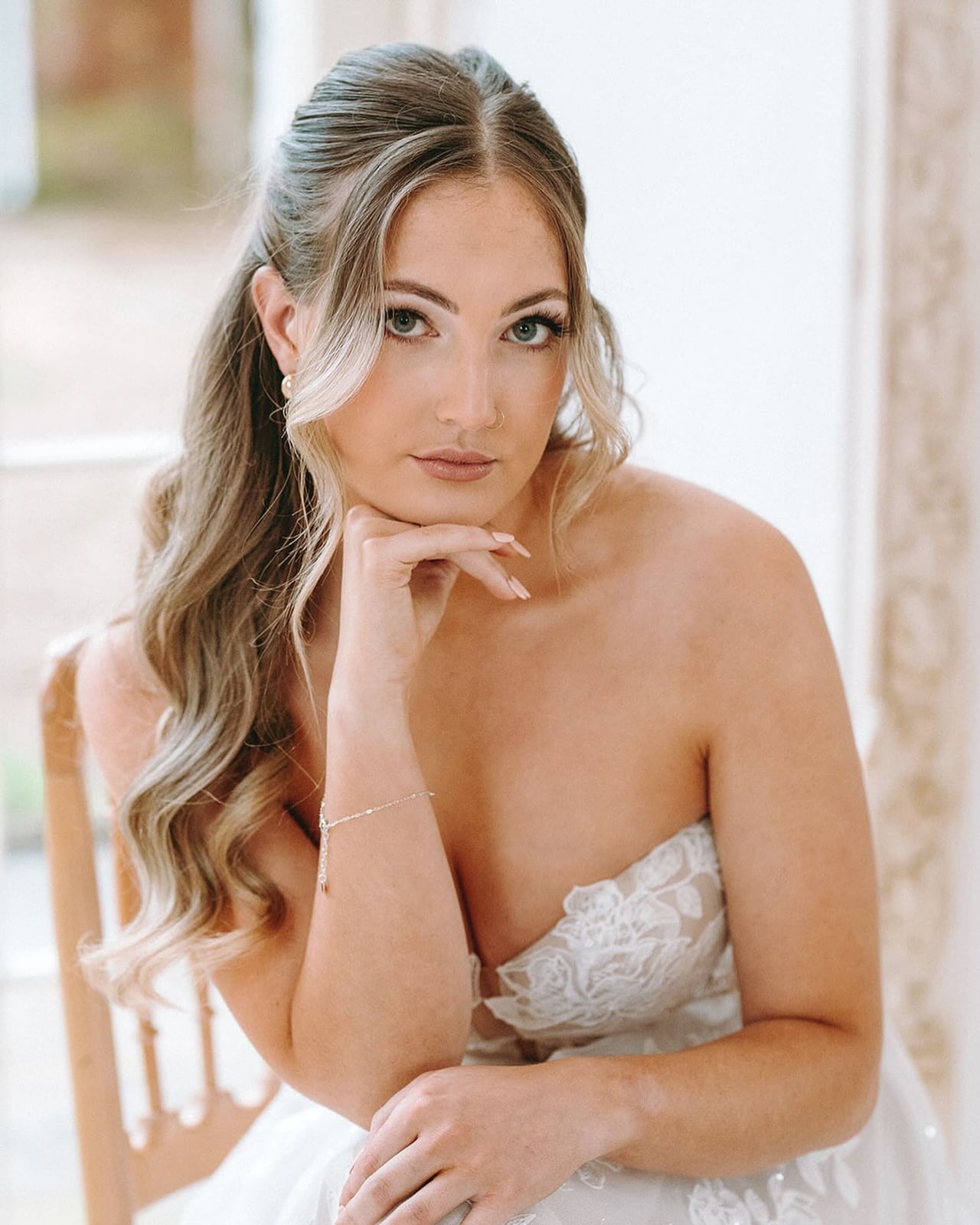 Half-Up Deep Waves With Pearls, Mid-Back — Strapless Dresses Hairstyles
