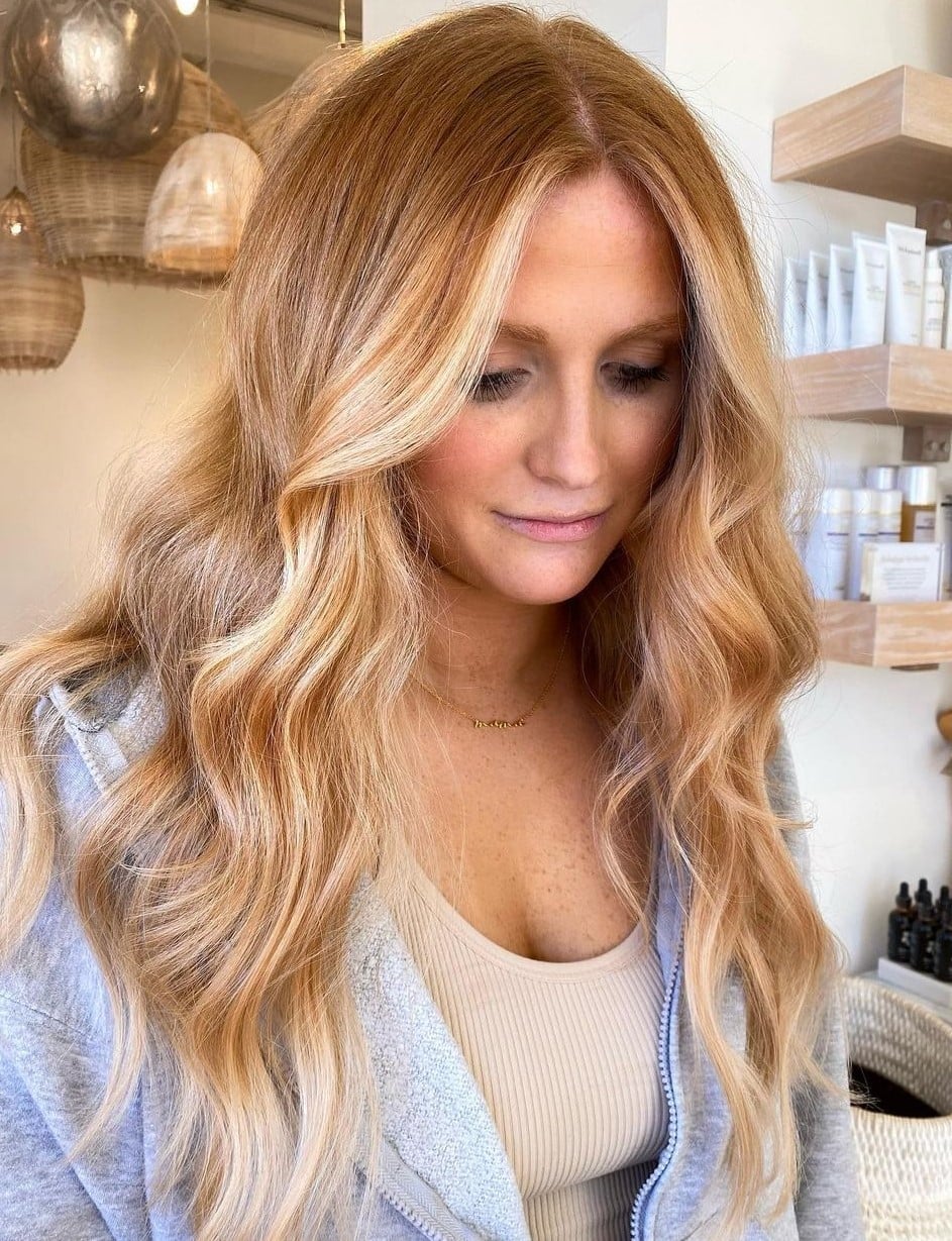 Mid-Back Strawberry Blonde Balayage Blowout