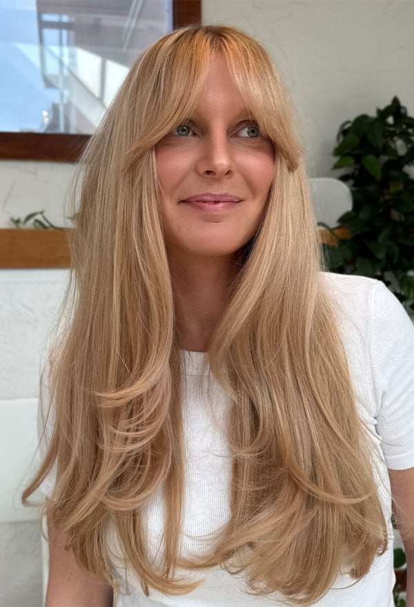 Long Fine Hair With Wispy Curtain Bangs — Strawberry Blonde