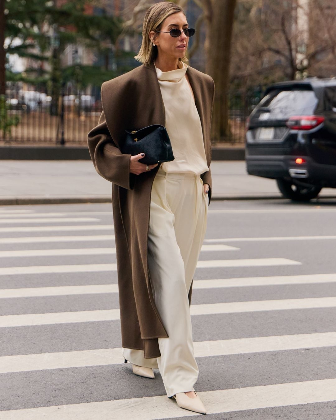 Sophisticated Wool Coat and Silk Blouse Ensemble — Streetwear Outfits