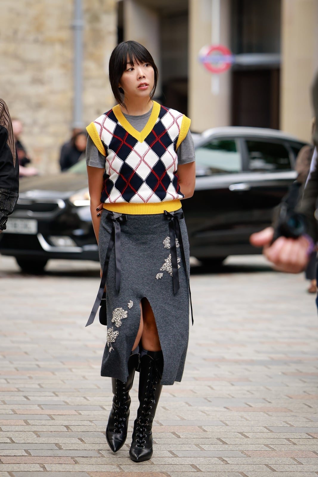 Argyle Knit Vest with Midi Skirt and Lace-Up Boots — Streetwear Outfits