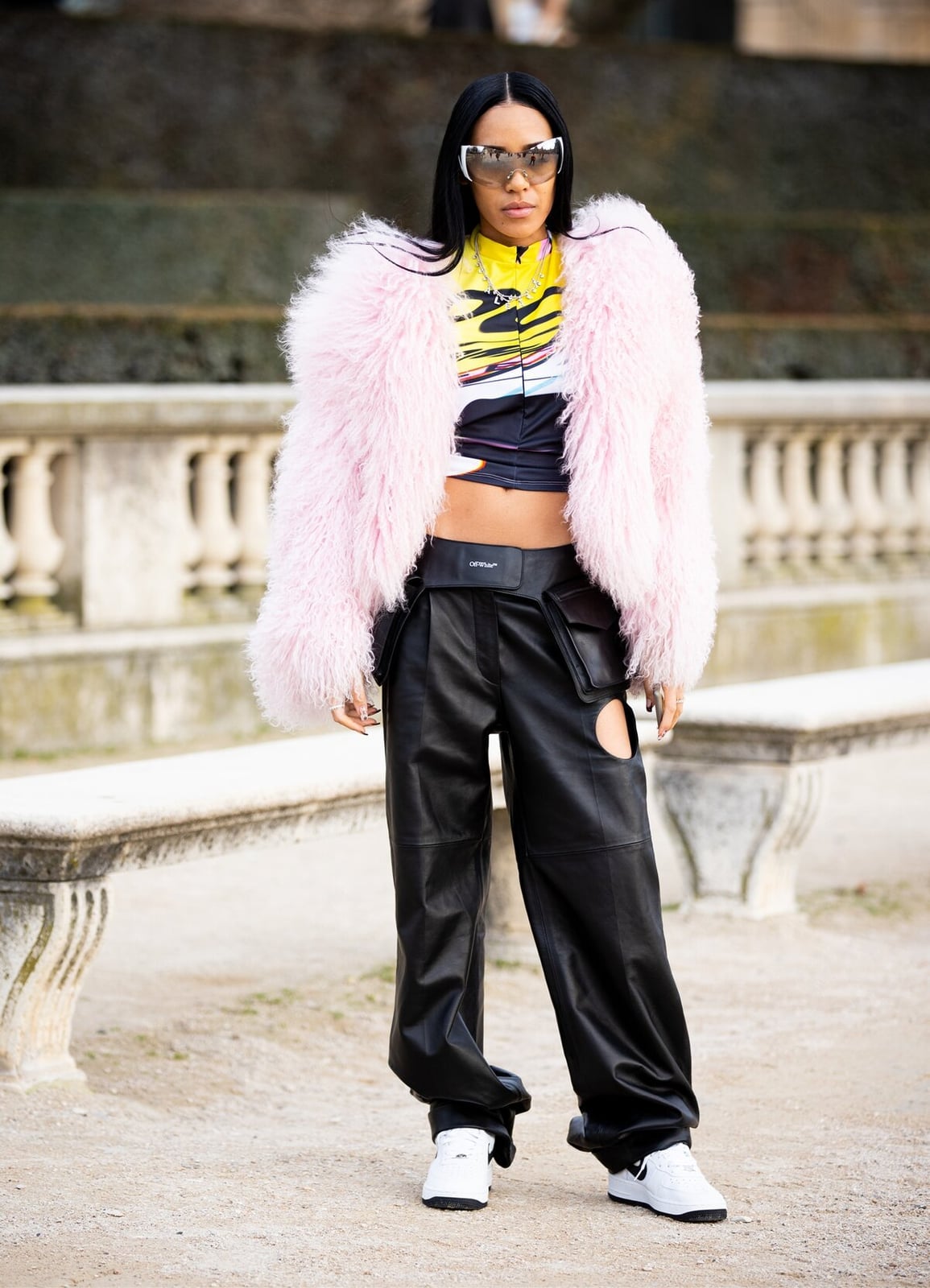 Pink Faux Fur Jacket with Utility Pants and Sneakers — Streetwear Outfits