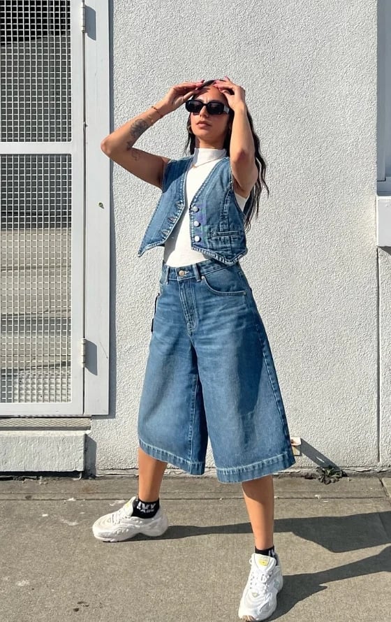 Denim Vest and Culottes with Mock Neck Top — Streetwear Outfits