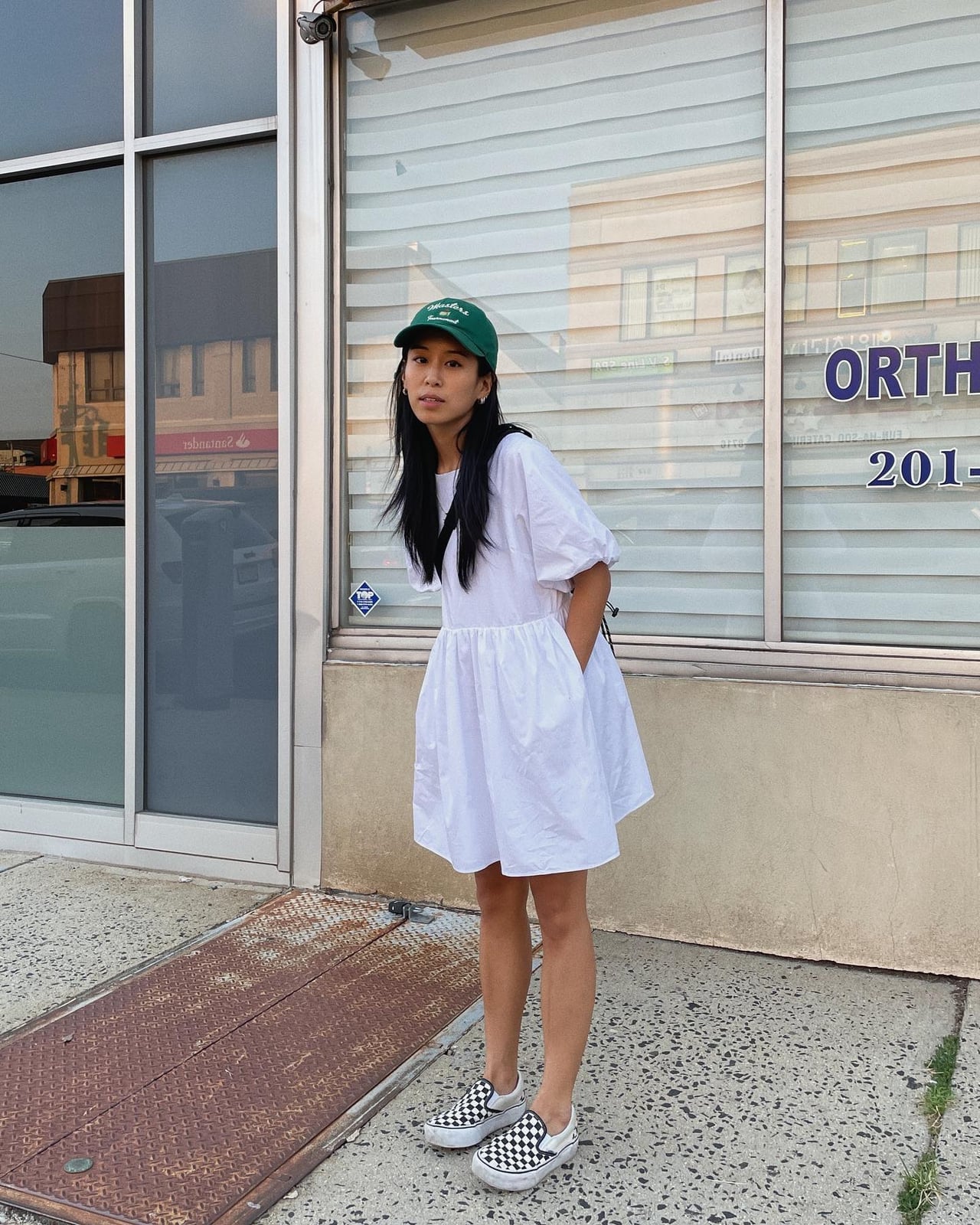 Puff-Sleeve Dress with Checkered Sneakers and Cap — Streetwear Outfits