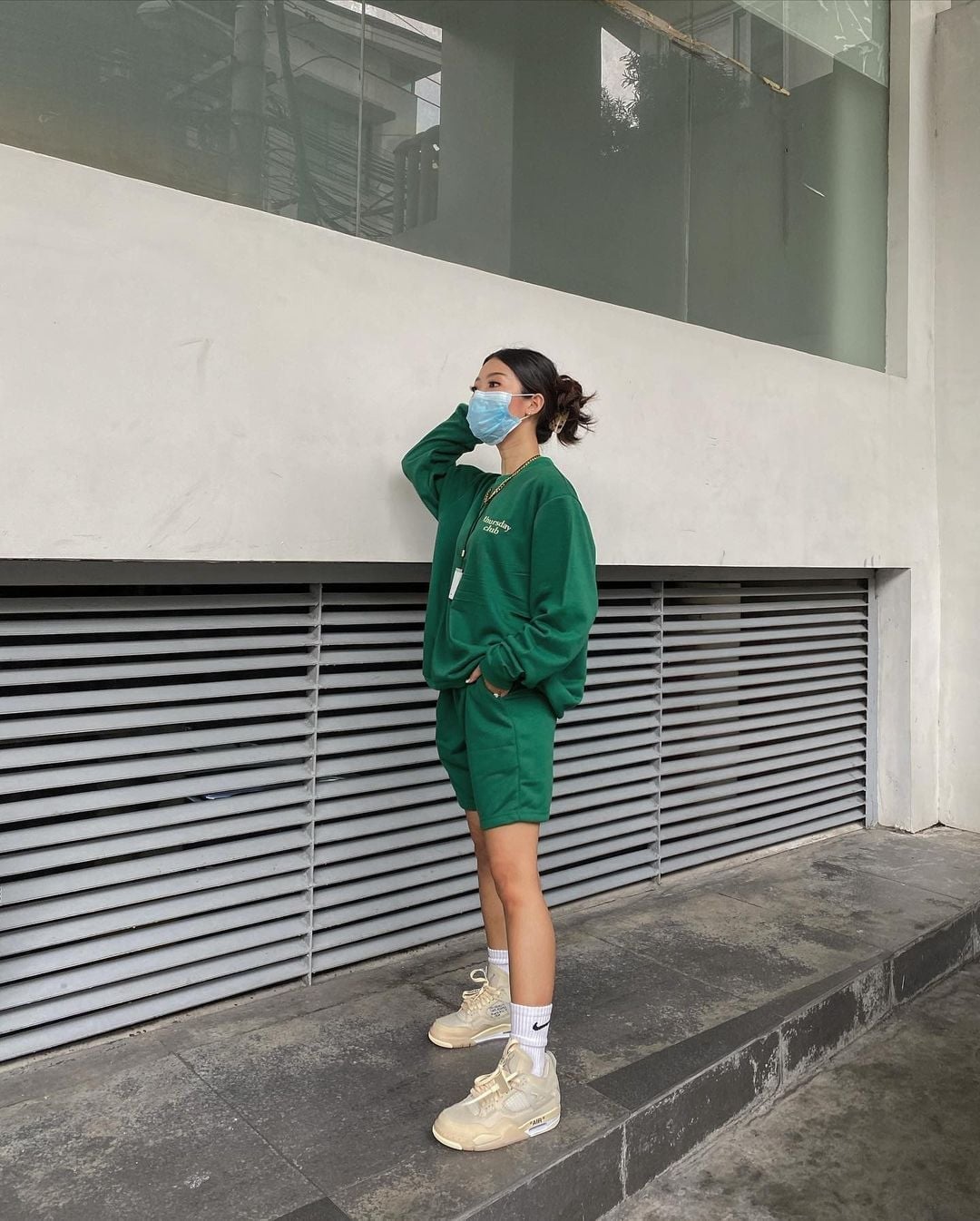 Matching Green Fleece Sweatshirt and Shorts Set — Streetwear Outfits