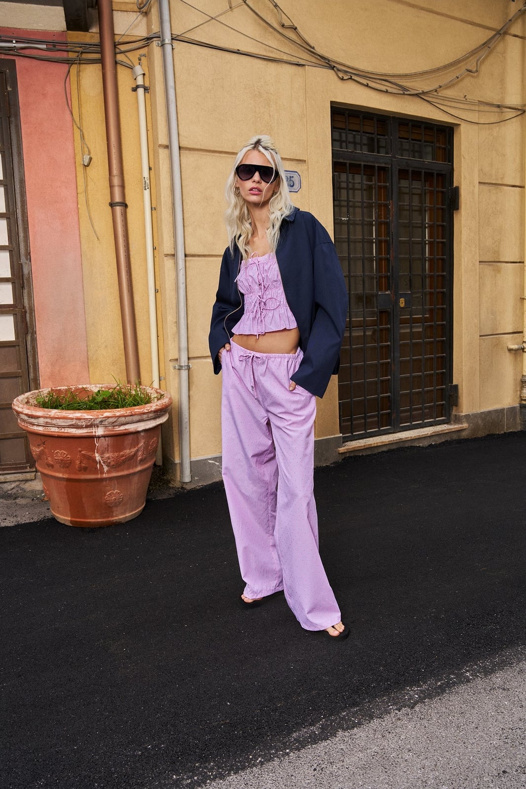 Lilac Halter Top with Cropped Jacket and Wide-Leg Trousers — Streetwear Outfits