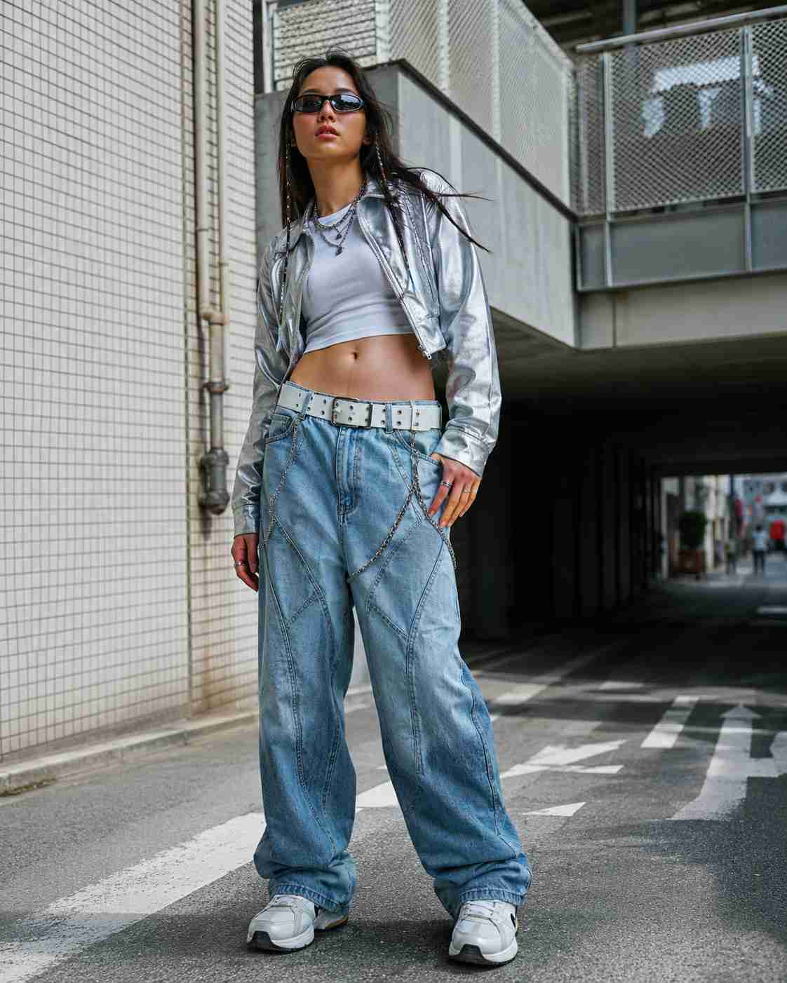 Metallic Cropped Jacket with Baggy Jeans and Chain Detail — Streetwear Outfits