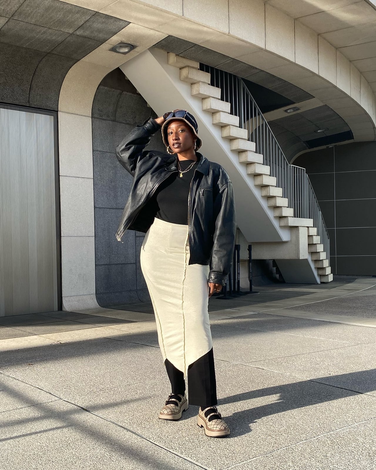 Leather Jacket with Maxi Skirt and Quilted Sneakers — Streetwear Outfits