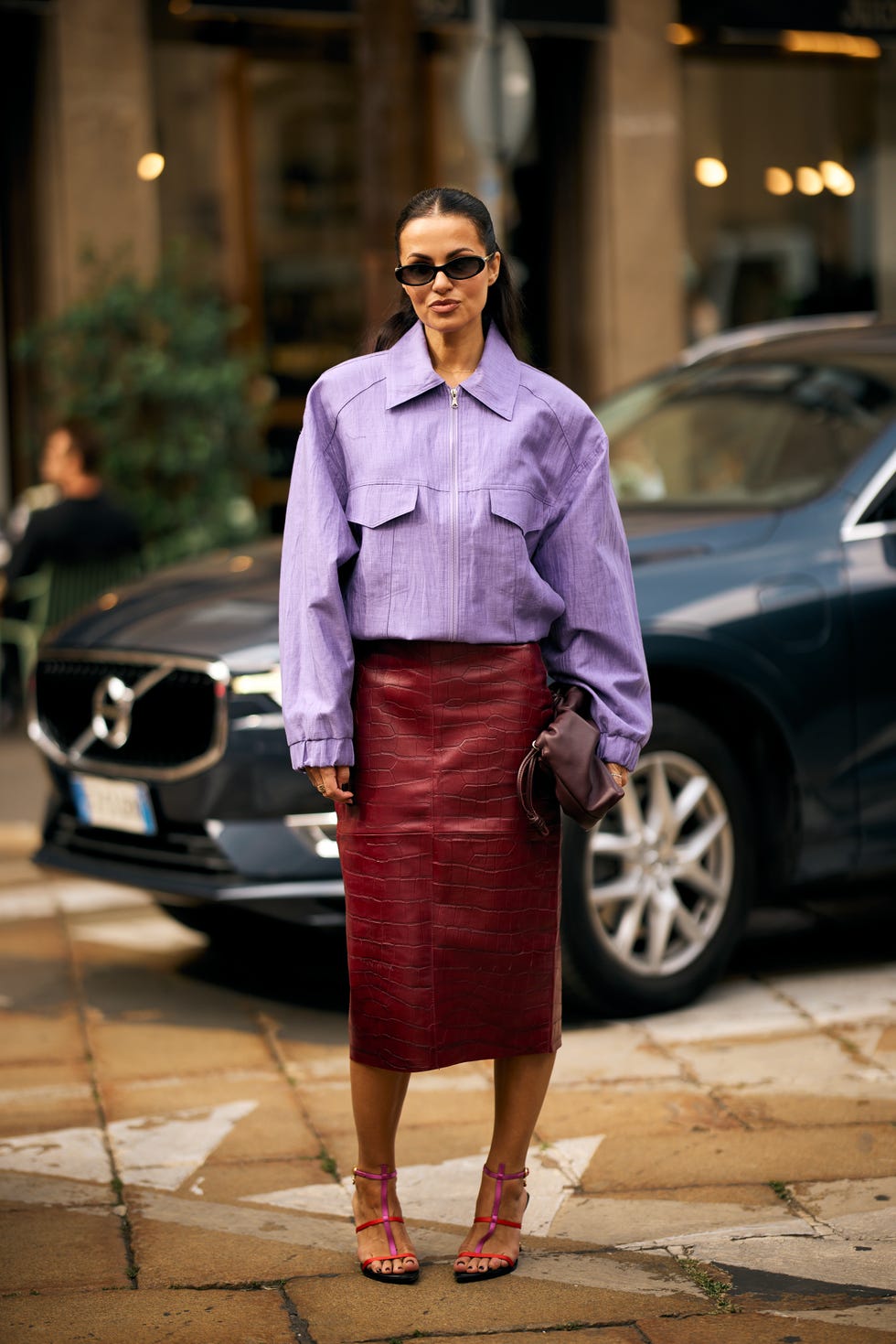 Oversized Lavender Jacket with Faux Leather Skirt — Streetwear Outfits