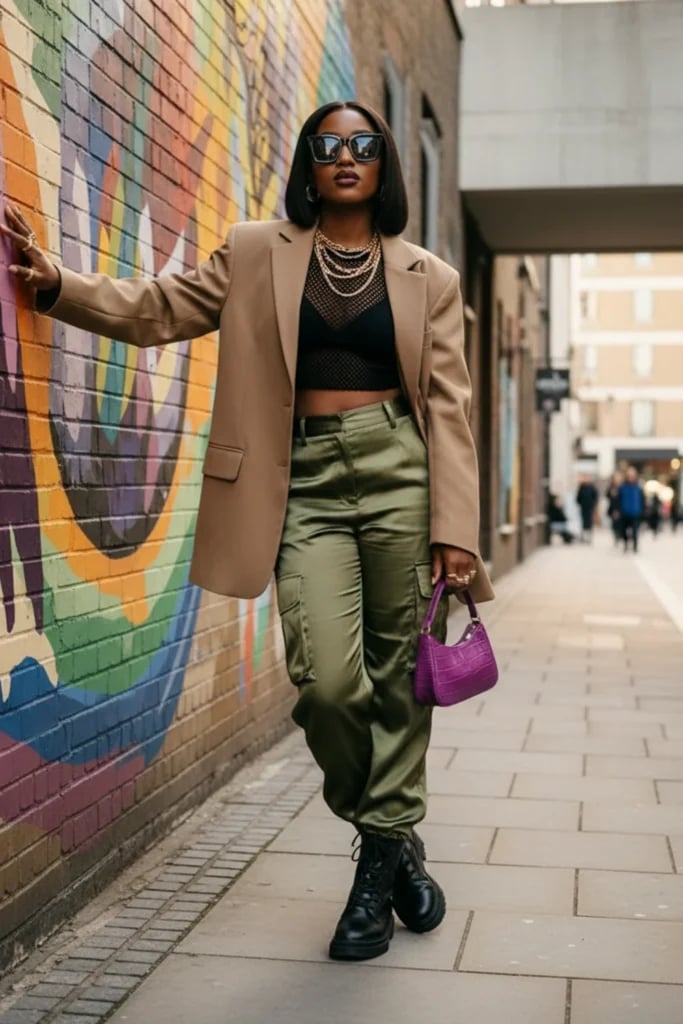 Satin Cargo Pants with Blazer and Combat Boots — Streetwear Outfits
