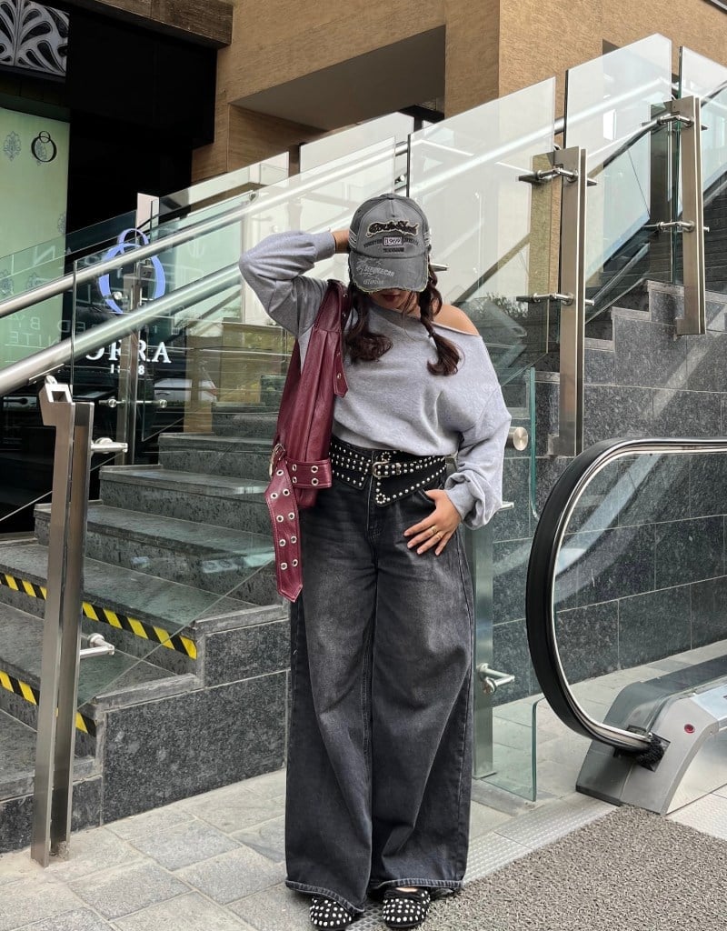 Leather Jacket Layered Over Off-Shoulder Sweatshirt — Streetwear Outfits