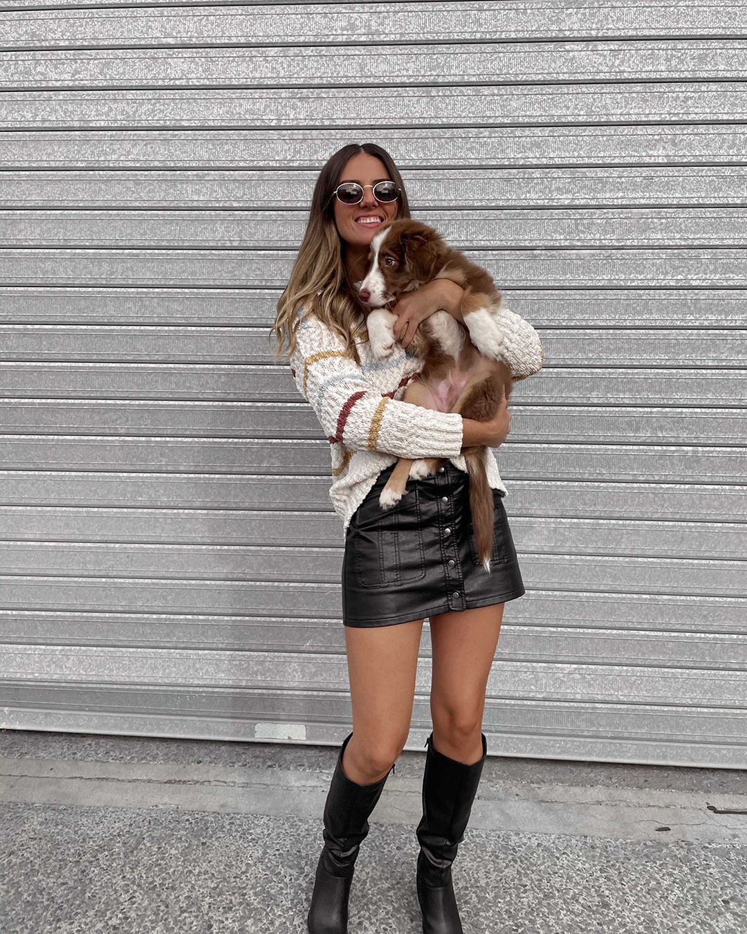 Striped Knit Sweater And Black Leather Skirt Knee High Boots