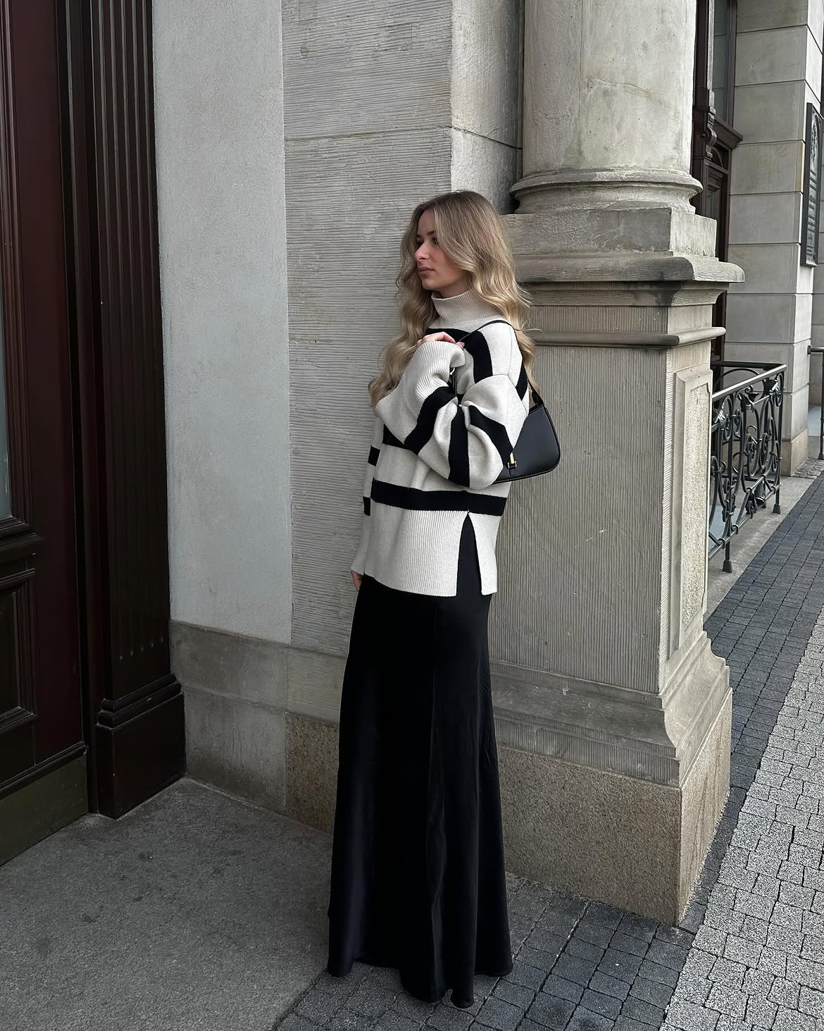 Striped Turtleneck With Flowy Maxi Skirt Outfit