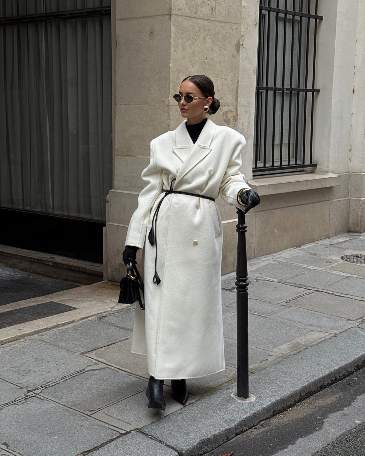 Structured Ivory Wool Coat With Black Leather Accessories