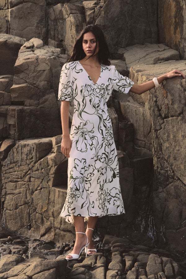 White Green Floral Print Midi Dress — Styling Dress