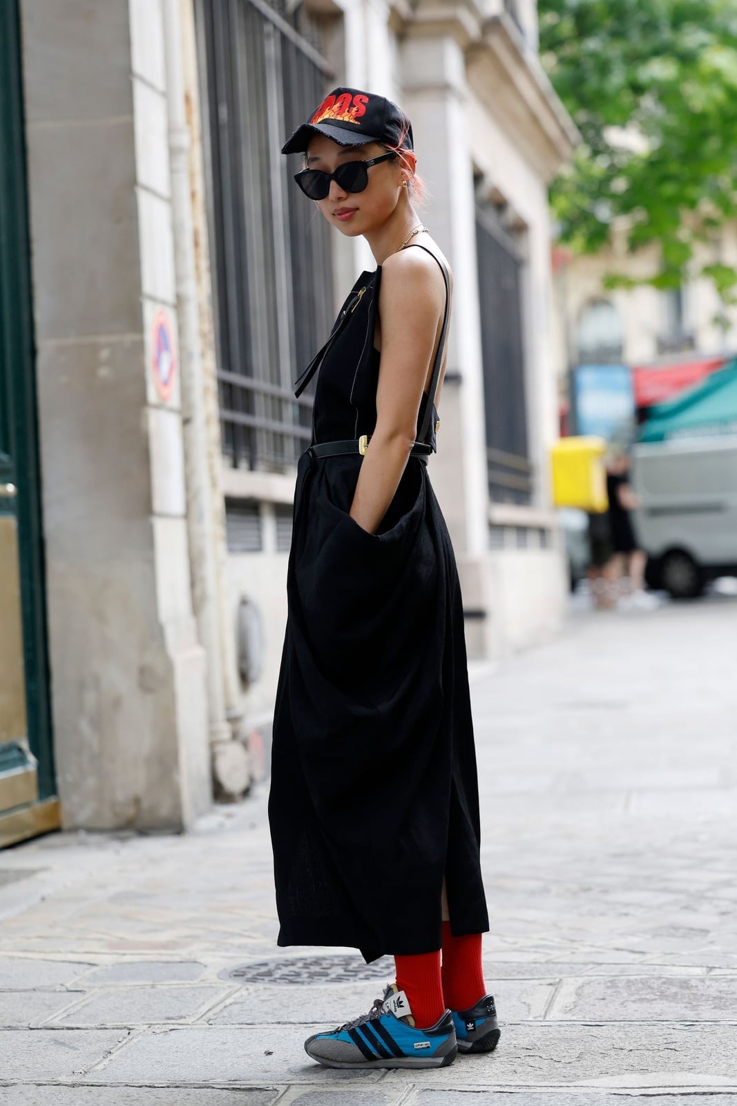 Black Midi Dress with Red Socks and Sneakers — Styling Dress