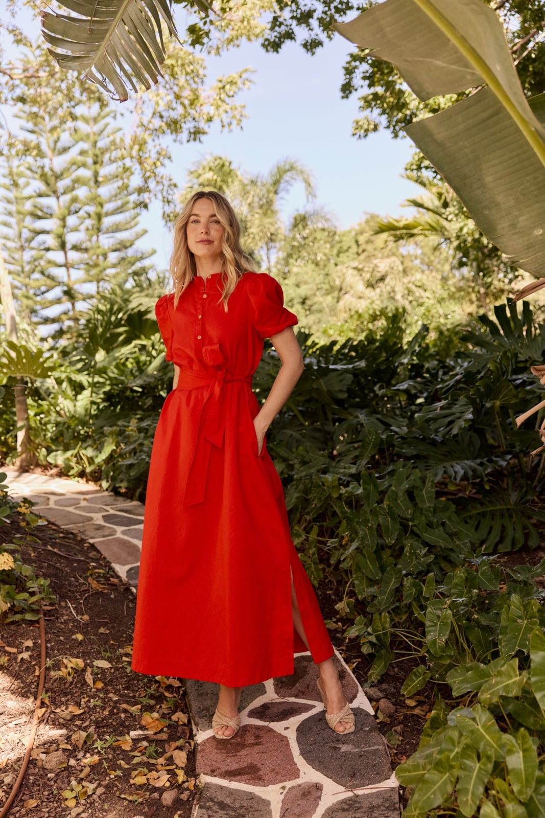Vibrant Red Linen Blend Midi Dress with Puff Sleeves — Styling Dress