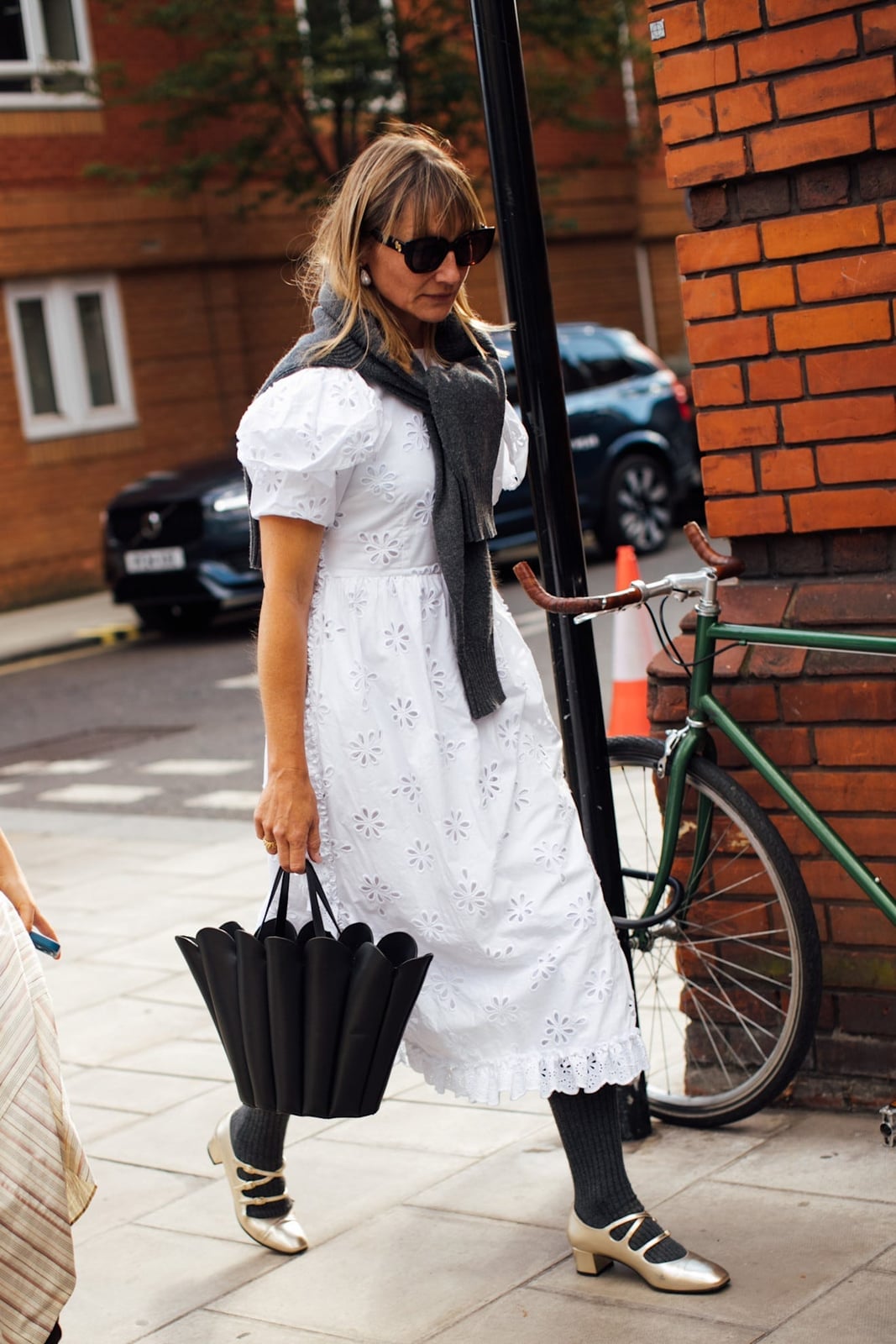 White Eyelet Midi Dress with Puff Sleeves and Scarf — Styling Dress