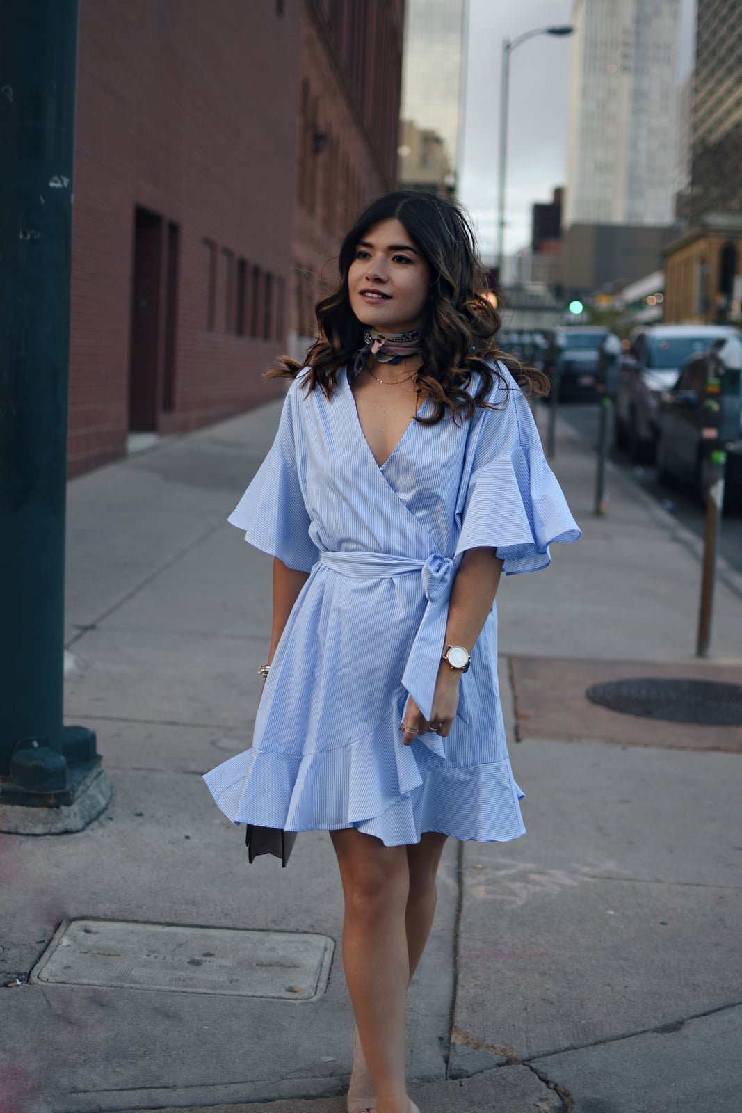 Light Blue Striped Wrap Dress with Ruffles, Close-Up Take — Styling Dress