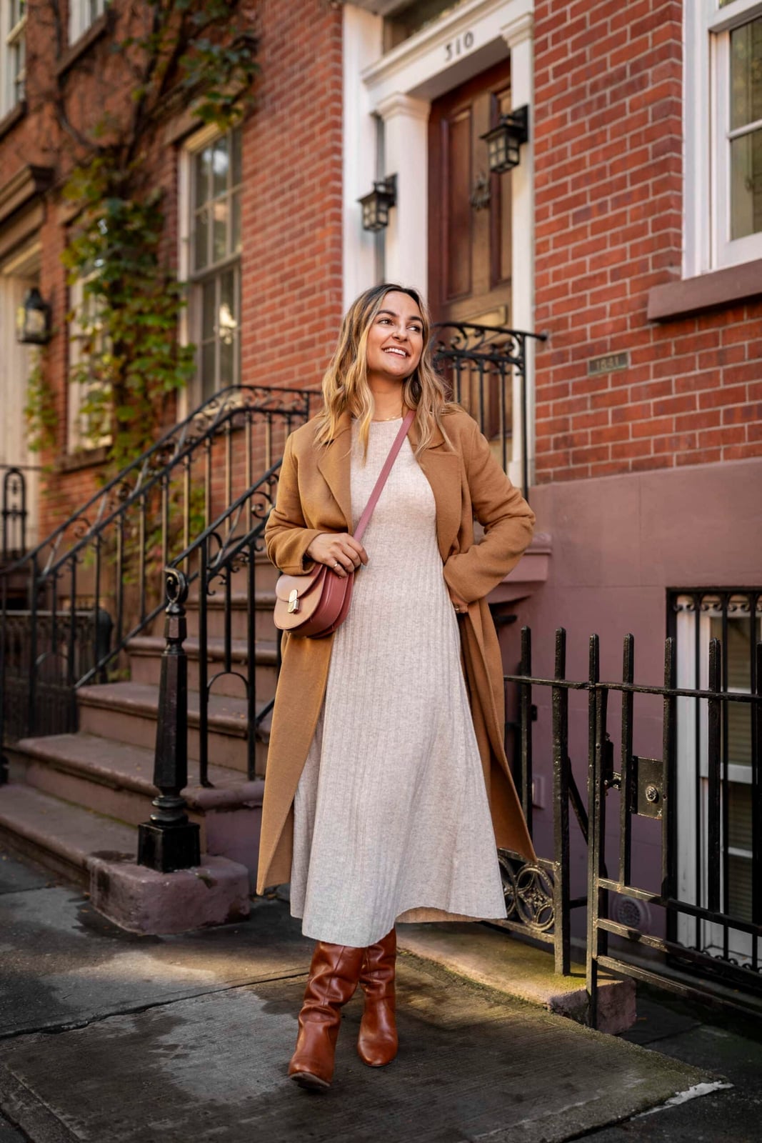 Cream Ribbed Knit Midi Dress with Camel Coat and Knee-High Brown Boots — Styling Dress
