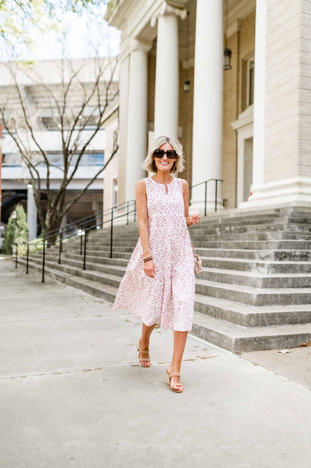Pink Floral Print A-Line Midi Dress With Tan Wedge Sandals — Styling Dress