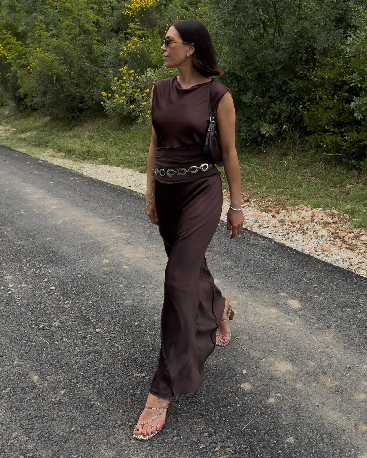Dark Brown Liquid Satin Maxi Dress With Tan Strappy Sandals — Styling Dress