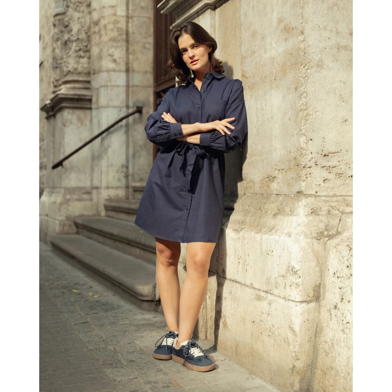 Dark Navy Belted Shirt Dress with Sneakers — Styling Dress