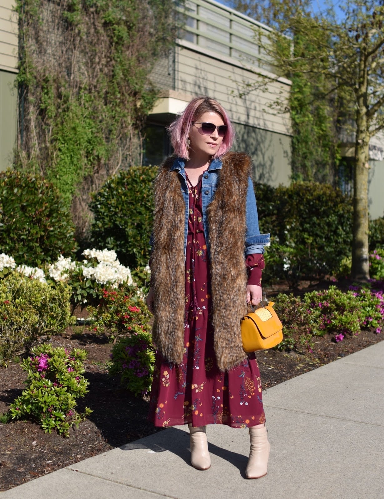 Burgundy Floral Midi Dress with Denim Jacket and Vest — Styling Dress