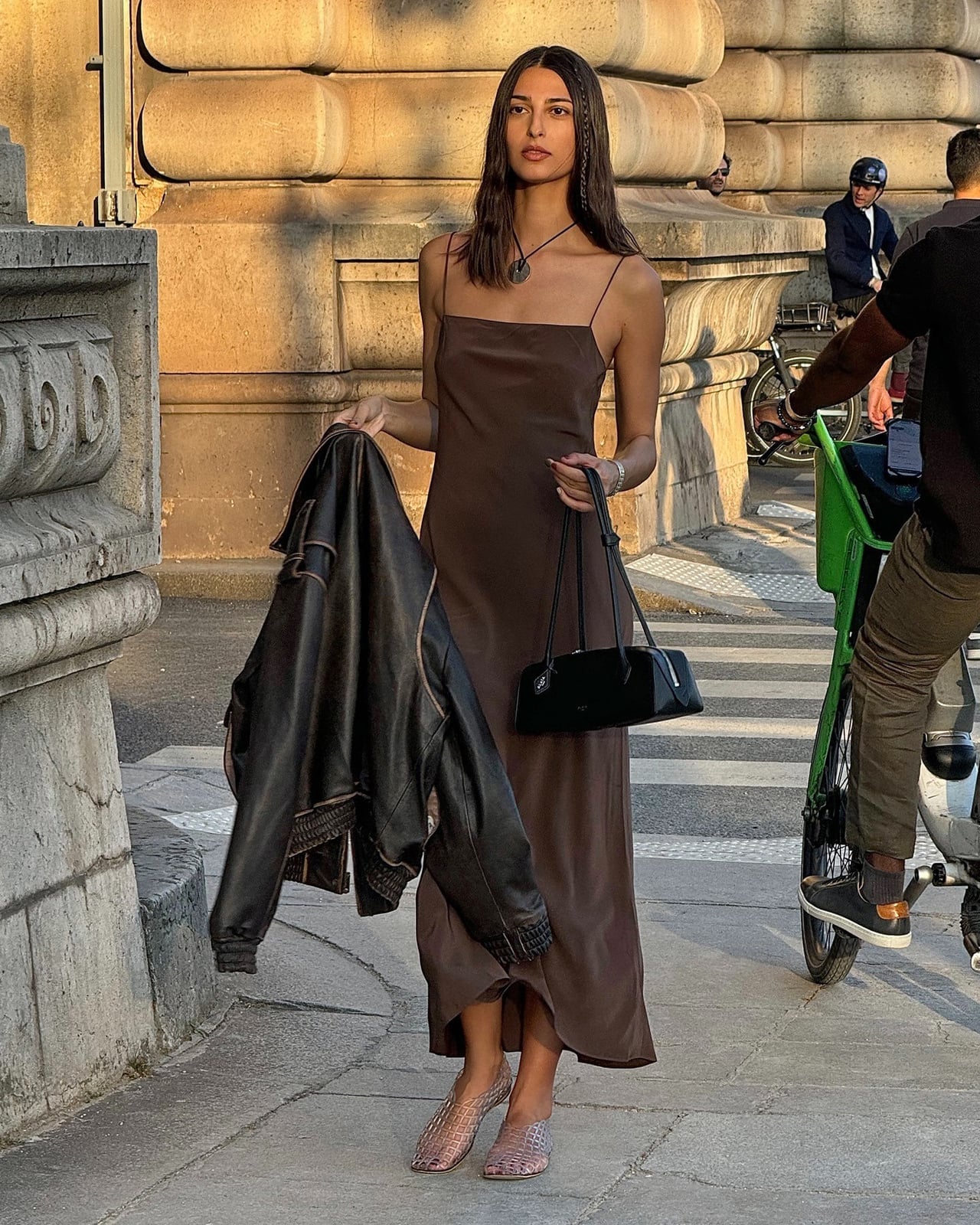 Brown Satin Slip Dress with Leather Bomber — Styling Dress