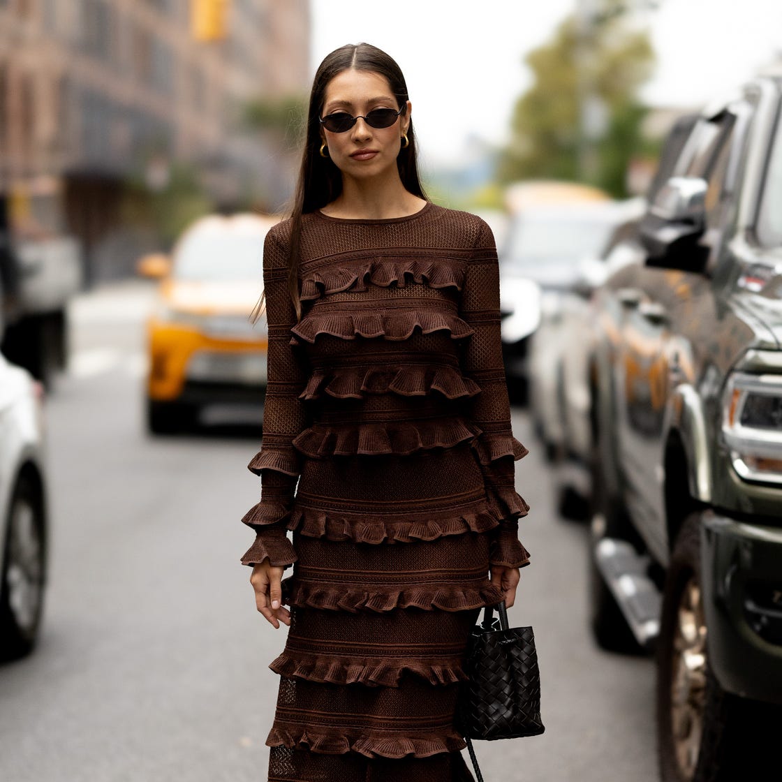 Textured Brown Knit Midi Dress with Ruffles — Styling Dress