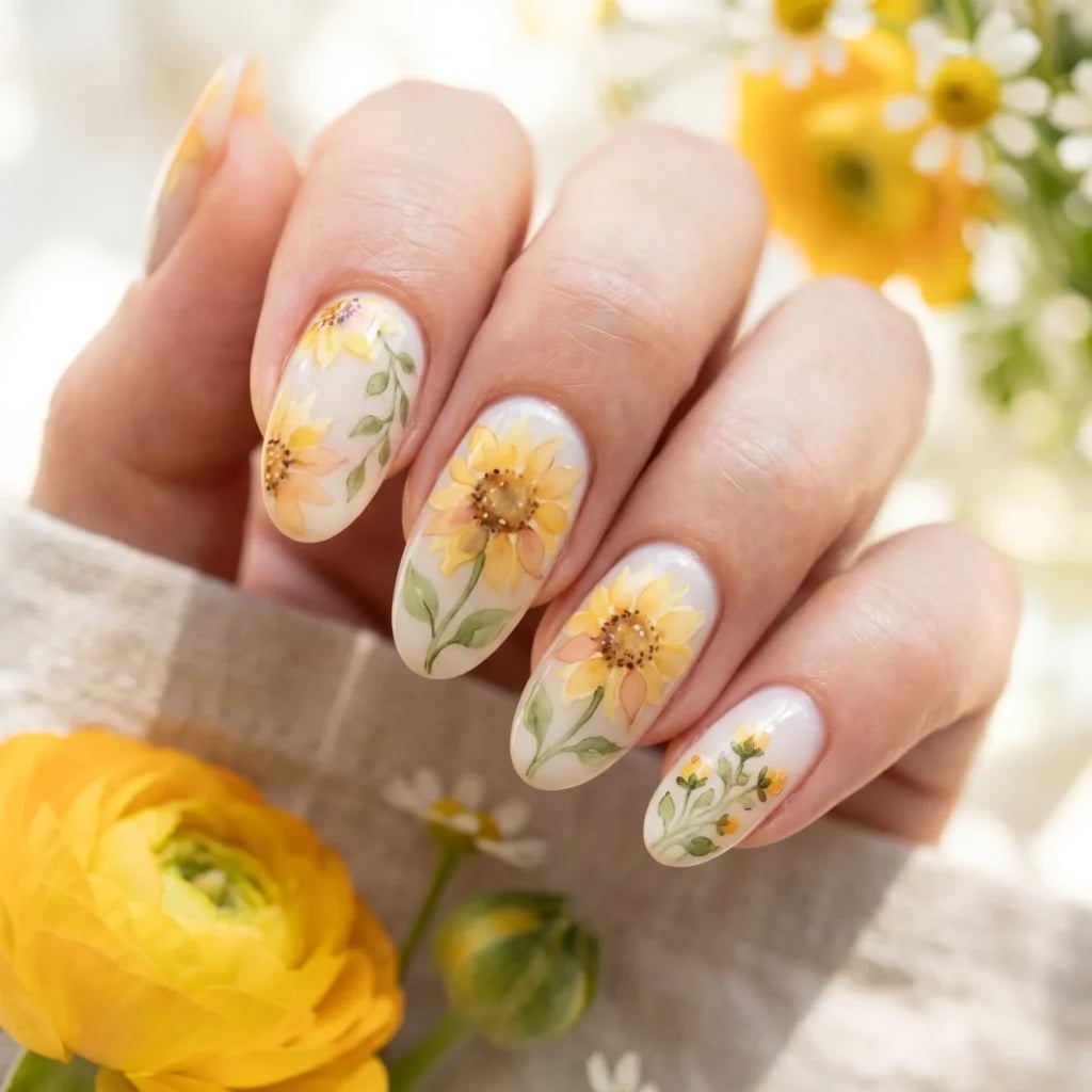 Medium Almond Sheer White Hand-Painted Sunflowers — Sunflower Nails
