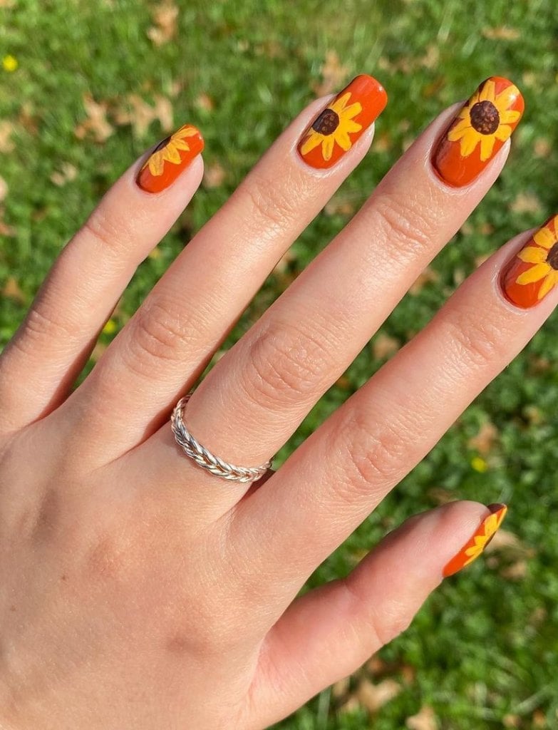 Medium Square Orange Sunflower Design — Sunflower Nails