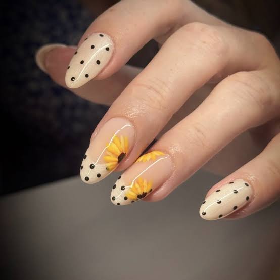 Medium Almond Sheer Nude Hand-Painted Sunflowers, Close-Up Take — Sunflower Nails