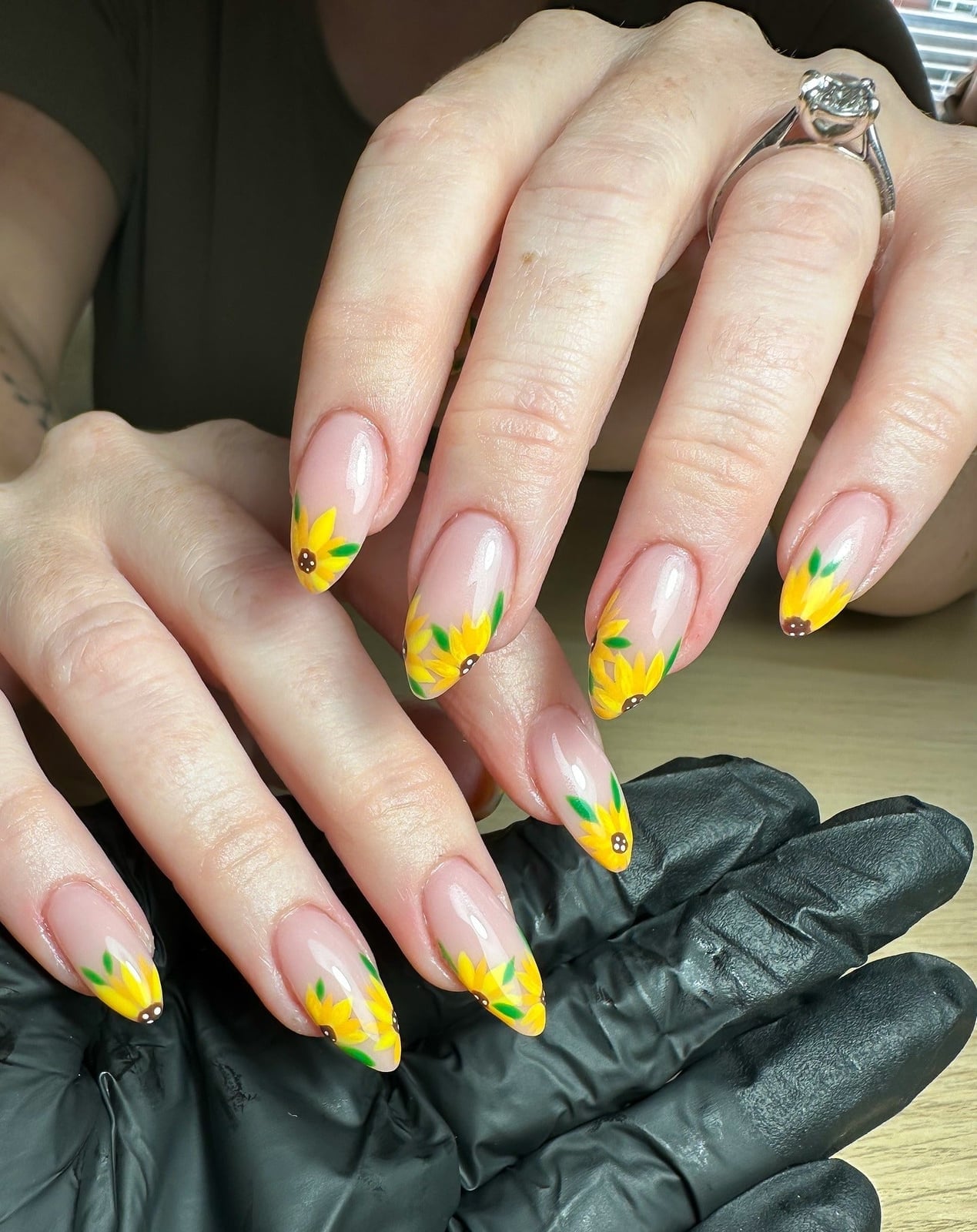 Long Almond Sheer Nude Delicate Sunflowers — Sunflower Nails