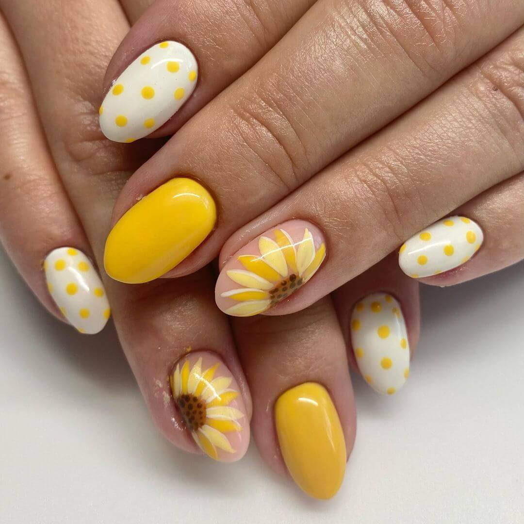 Medium Almond Sunflower Polka Dot Mix — Sunflower Nails