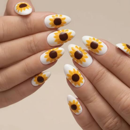 Medium Oval White Large Sunflowers — Sunflower Nails