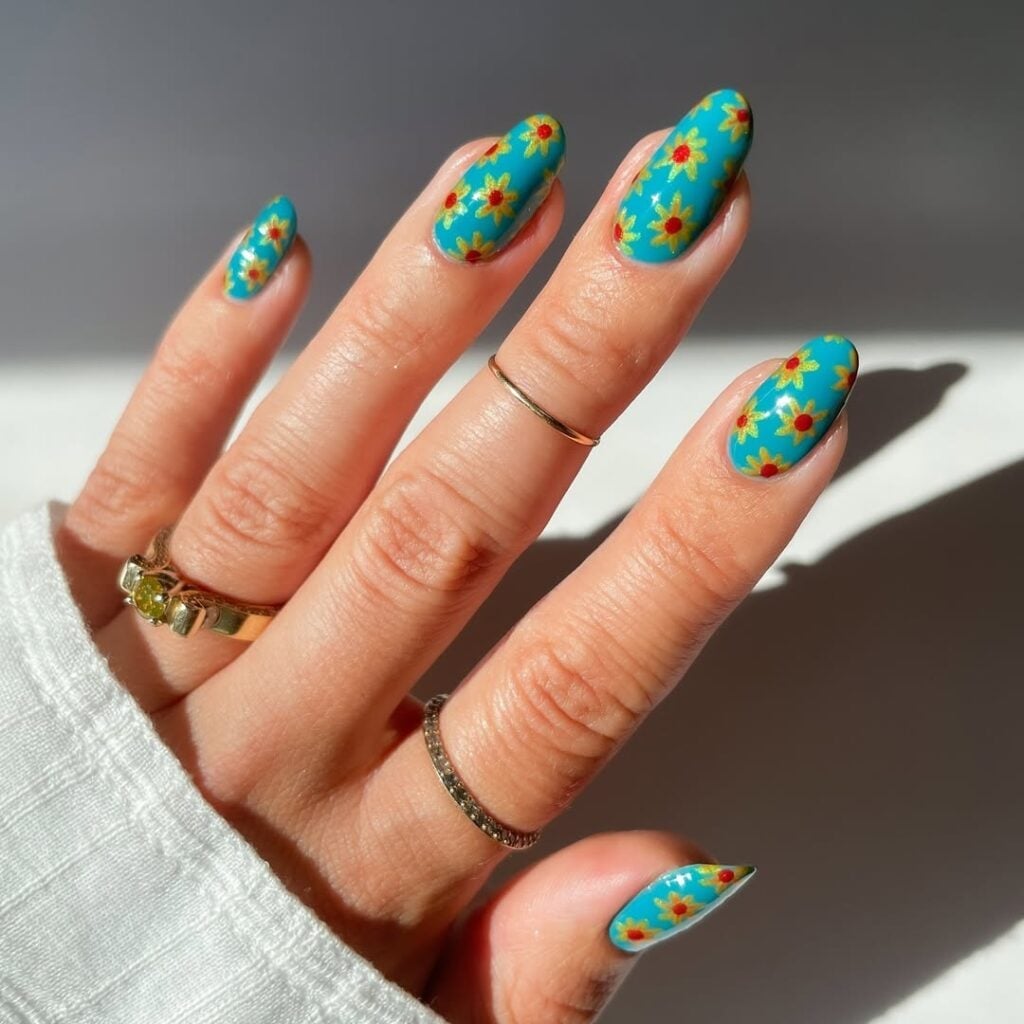 Medium Almond Turquoise Sunflower Motifs — Sunflower Nails