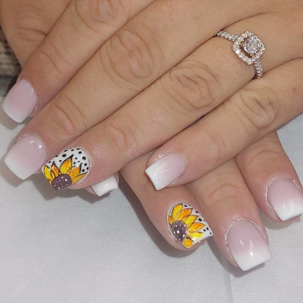 Short Almond Sheer Nude Delicate Sunflower Accents — Sunflower Nails