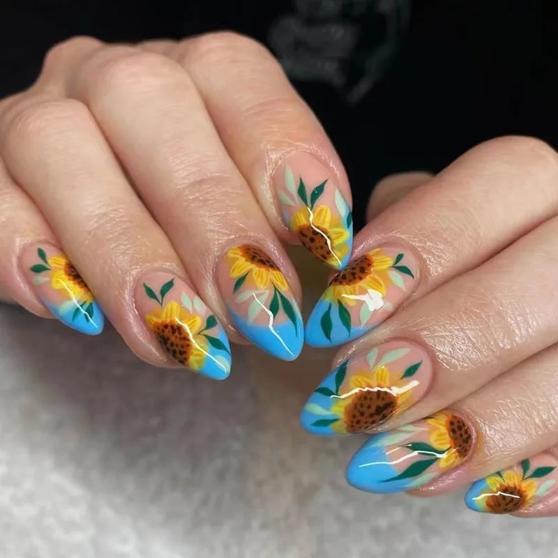 Medium Almond Blue French Tip Sunflowers — Sunflower Nails