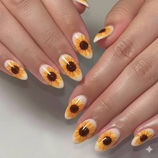 Medium Almond Black Outlined Sunflowers — Sunflower Nails